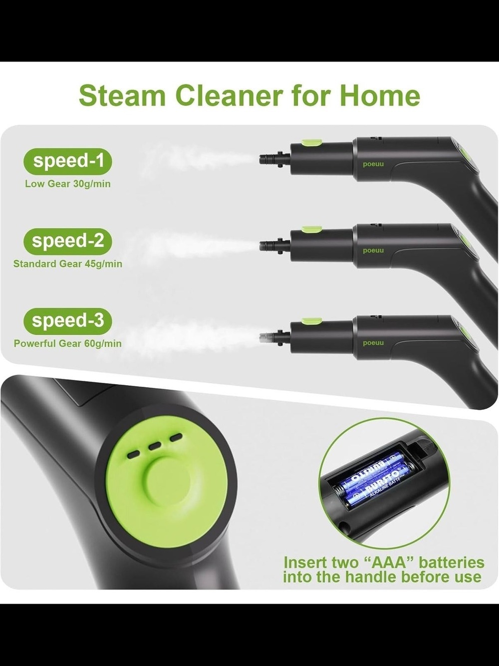 Poeeuu Handheld Steam Cleaner in Black & Lime Green - Picture 2 of 5
